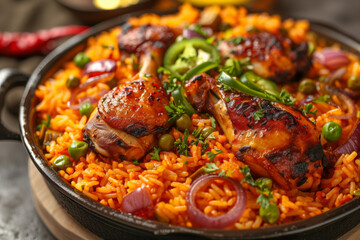 Jollof Rice with Grilled Meat and Garnishes. A bowl of vibrant jollof rice topped with grilled chicken and fresh herbs