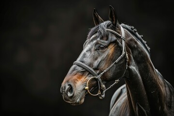Portrait of an Elegant Purebred Sport Horse on a Black Studio Background - Bay Thoroughbred with Majestic Head and Stunning Features