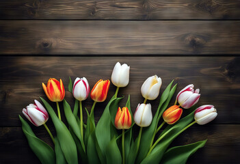 Beautiful tulips on wooden background. Top view stock photoBackgrounds Mother's Day Flower Springtime Tulip