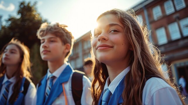 Adolescent Pupils in Outfits by School Edifices.