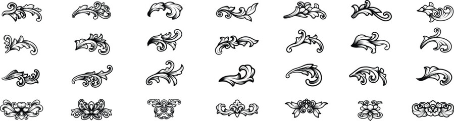 Set of Baroque engraved Victorian floral ornamental border, fancy vintage decorative frame elements. Vector illustration royal for wedding invitation, tattoo, greeting card, romantic element, flourish