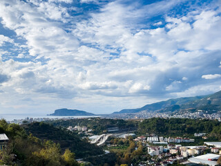 Scenic High Angle View of Alanya Castle and Sea during a cold cloudy winter day
