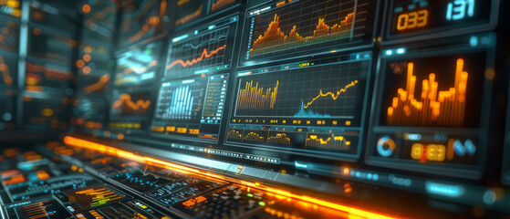 A high-resolution image showcasing a futuristic financial data analytics dashboard with glowing interactive charts and graphs on multiple screens.