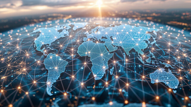 Fototapeta Dynamic global connectivity: Sleek map network,generative ai