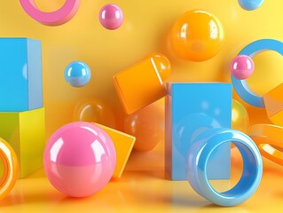 Vibrant assortment of geometric objects in playful arrangement against a sunny backdrop, concept of creativity and fun.
