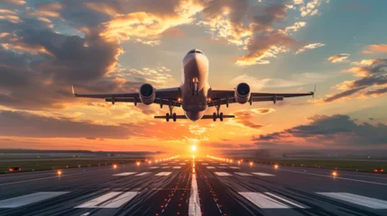 Zelfklevend Fotobehang A large jetliner taking off from an airport runway at sunset or dawn with the landing gear down and the landing gear down, as the plane is about to take off © 沈军 贡