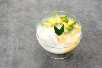 Es teler or es teller, Indonesian dessert, consist of avocado, young coconut, jackfruit, served...