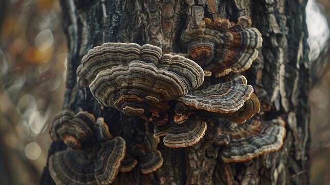 Turkey tail fungus growing on an aging tree.