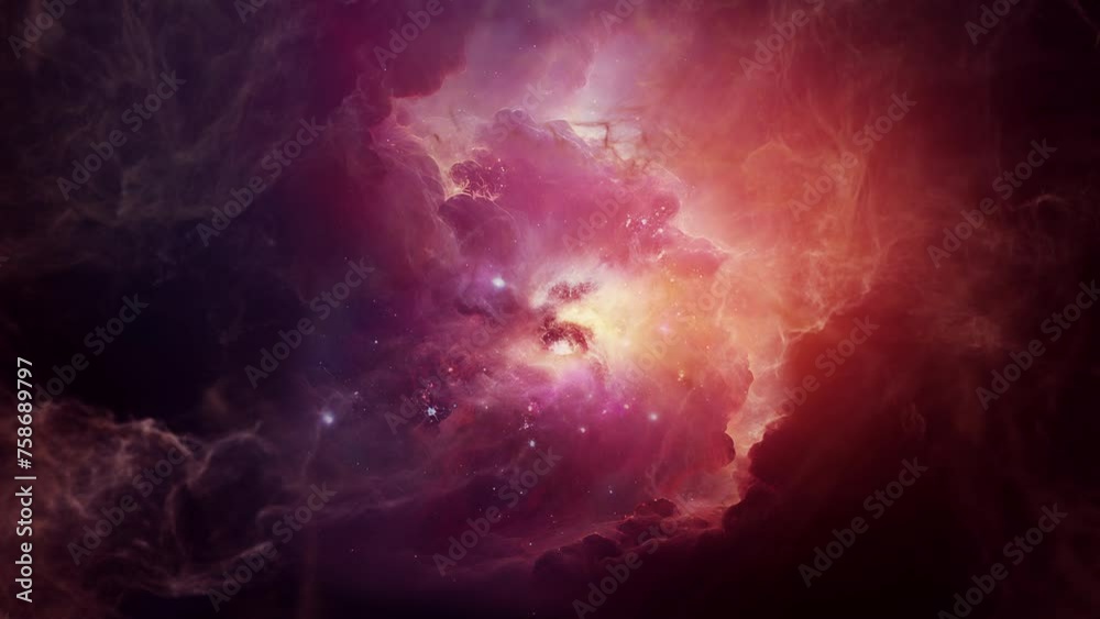 Wall mural nebula clouds background loop. passing nebula orange clouds on background seamless loop.