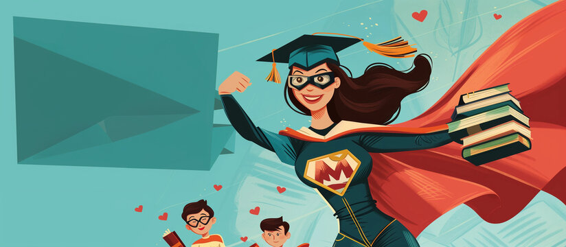 Superhero Graduate Celebrates Academic Success with Flying Books Illustration, Female Empowerment, (Ai Generated)