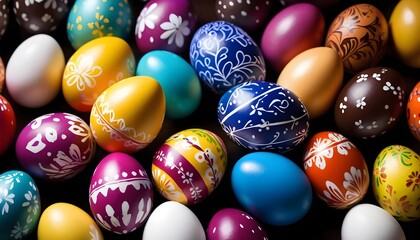 Multitude of colorful easter eggs macro background, geometrical, dots, flowers and striped patterns