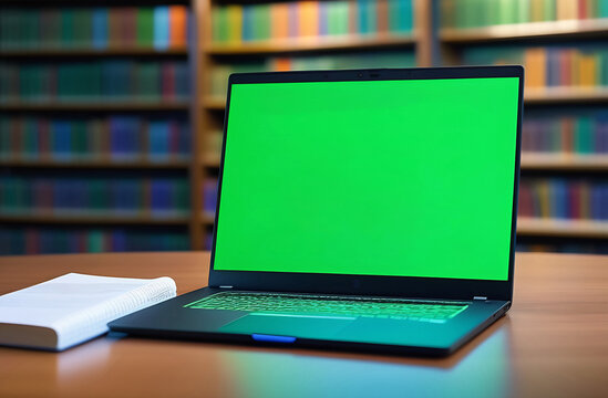 Mockup image of laptop with blank green screen on wooden table in library