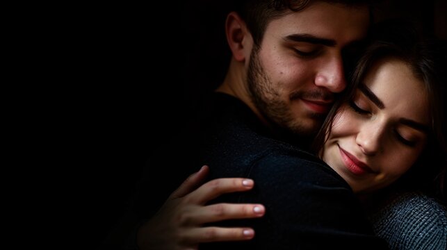 A pair of infatuated individuals embrace on a dark backdrop.