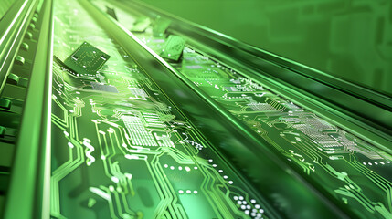 A semi - opaque image of a recycling conveyor belt with vibrant green materials made of circuit board patterns, against an emerald green background.