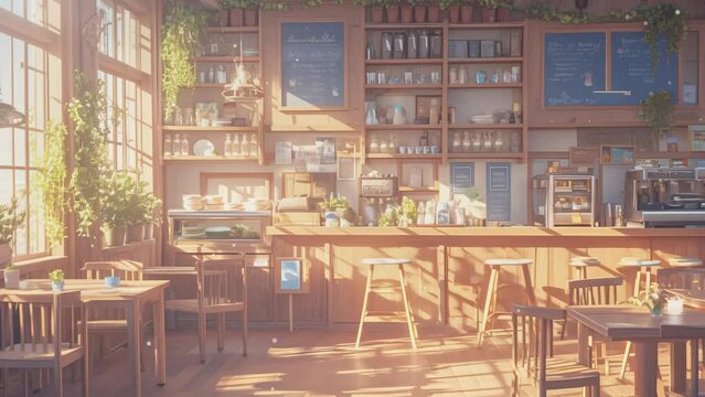 落ち着いた喫茶店に光が差す、ミュージックビデオのための動画
