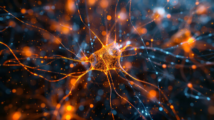 A highly detailed image showcasing a neuron with glowing connections in an abstract representation of neural activity and brain function - obrazy, fototapety, plakaty