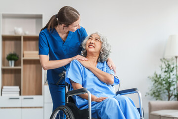 Fototapeta na wymiar Nurse helping adult woman in hospital offer help and comfort create a welcoming atmosphere with a focus on patient care and wellness. Mature woman, nurse or person with disability in hospital