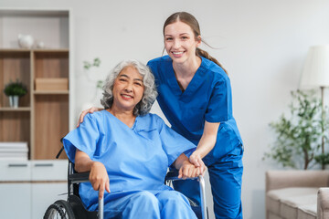 Obraz premium Nurse helping adult woman in hospital offer help and comfort create a welcoming atmosphere with a focus on patient care and wellness. Mature woman, nurse or person with disability in hospital
