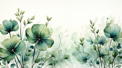 Watercolor floral banner with green flowers and leaves on a white background