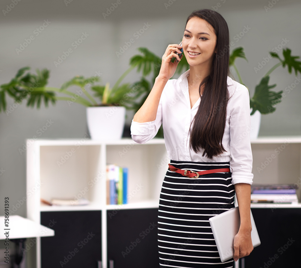 Poster Phone call, smile and tablet with business woman in corporate office for communication or networking. Company, planning and technology with happy young employee talking on mobile in workplace