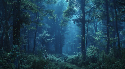 A serene, mystical forest with dense foliage bathed in a soft, blue twilight hue, likely at dusk or dawn, emanating a tranquil and slightly eerie atmosphere.