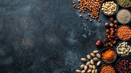 Overhead shot of assorted nuts and beans with space for text. Background image suitable for stock photography of food.