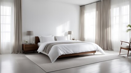 Fototapeta na wymiar Modern bedroom with natural light and elegant furnishings.