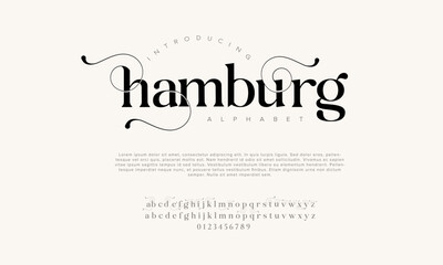 Hamburg premium luxury elegant alphabet letters and numbers. Vintage wedding typography classic serif font decorative vintage retro. Creative vector illustration