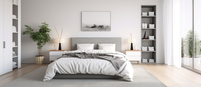 Minimalist bedroom photo with white bedding, white closet, and gray walls.