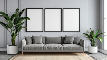 The mock up of blank poster frame on the living room wall. There is a sofa below the poster. In the background is cozy decoration living room.