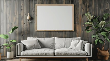 The mock up of blank poster frame on the living room wall. There is a sofa below the poster. In the background is cozy decoration living room.