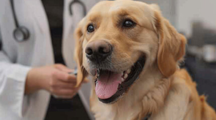 A cheerful golden retriever looks into the camera with a veterinarian in the background holding a stethoscope. The focus is on the dog's friendly face.