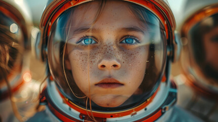 Close-up of a child in an astronaut helmet, gazing intently into the distance. The helmet's visor reflects a hint of the surrounding environment, adding a sense of exploration and adventure. - obrazy, fototapety, plakaty
