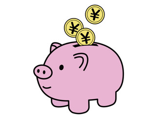 ブタの貯金箱にコツコツと貯金しているイラスト　日本円 © taeco