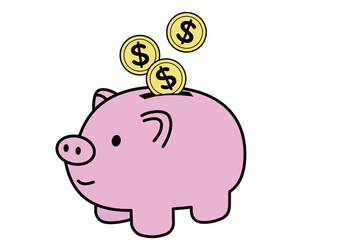 ブタの貯金箱にドルの貨幣を貯金しているイラスト