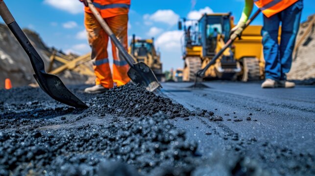 Road construction crew paving fresh asphalt with heavy machinery under bright sunny conditions - AI generated