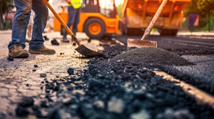 Road construction crew paving fresh asphalt with heavy machinery under bright sunny conditions - AI generated