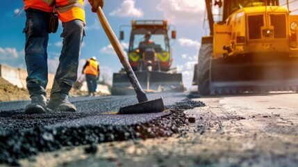 Road construction crew paving fresh asphalt with heavy machinery under bright sunny conditions - AI generated