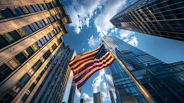 American flag amid towering urban buildings,  Blue sky background, memorial day Generative Ai