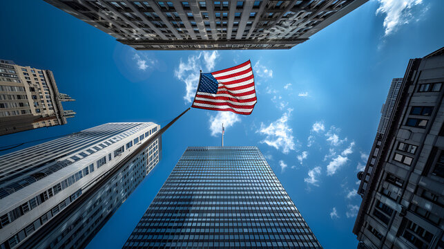 American flag amid towering urban buildings,  Blue sky background, memorial day Generative Ai