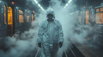Tuinposter A man in a white hazmat suit, spraying white smoke, on a train,generative ai © LomaPari2021