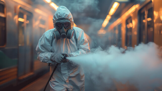 A man in a white hazmat suit, spraying white smoke, on a train,generative ai