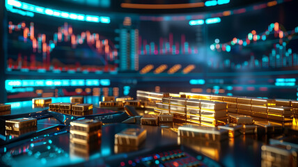 Futuristic investment display: Gold bars and vibrant charts,generative ai - obrazy, fototapety, plakaty