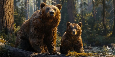 Majestic brown bears gathered in a forest clearing under the soft morning light