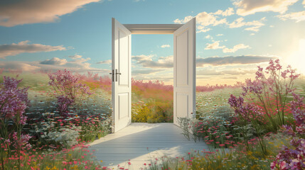 An open door leads to a vibrant field full of flowers under a clear sky, symbolizing a gateway to nature and the future. Generative AI
