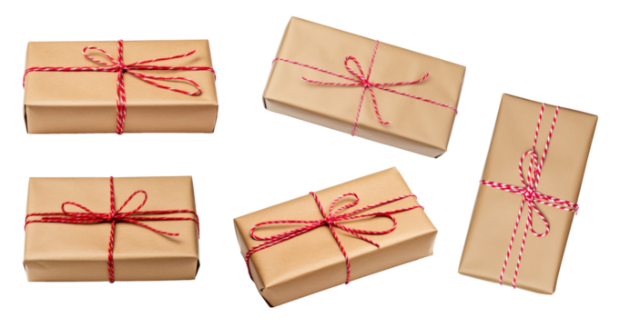 Gift boxes wrapped in brown recycled paper with red and white rope top view isolated on white background, clipping path included