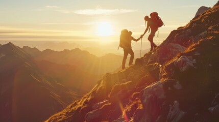 Adventurous hikers reaching summit at sunrise, offering helping hands in rugged mountain terrain - AI generated
