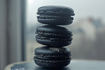 Charcoal Black Gourmet Macarons with Sparkles. Charcoal black macarons garnished with edible sparkles on a dark backdrop