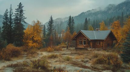 Cozy wooden cabin nestled among autumnal trees in a misty mountain landscape, exuding tranquility and seclusion.