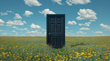 A black door stands alone in the middle of a field full of yellow flowers under a blue sky with fluffy clouds. Generative AI